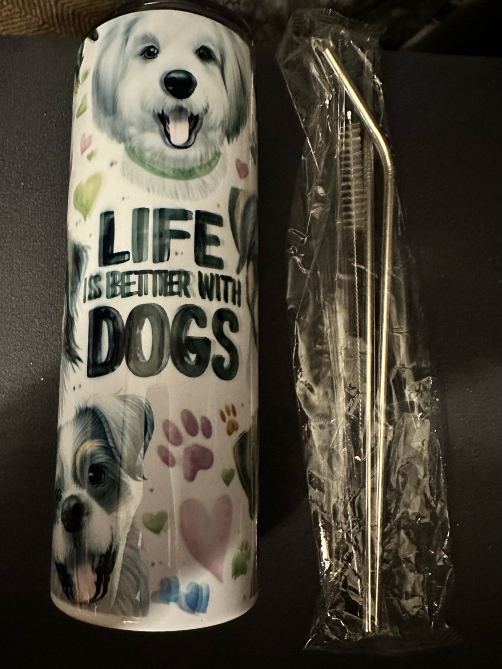 Insulated Dog Lover Travel Tumbler - White with Green Accents